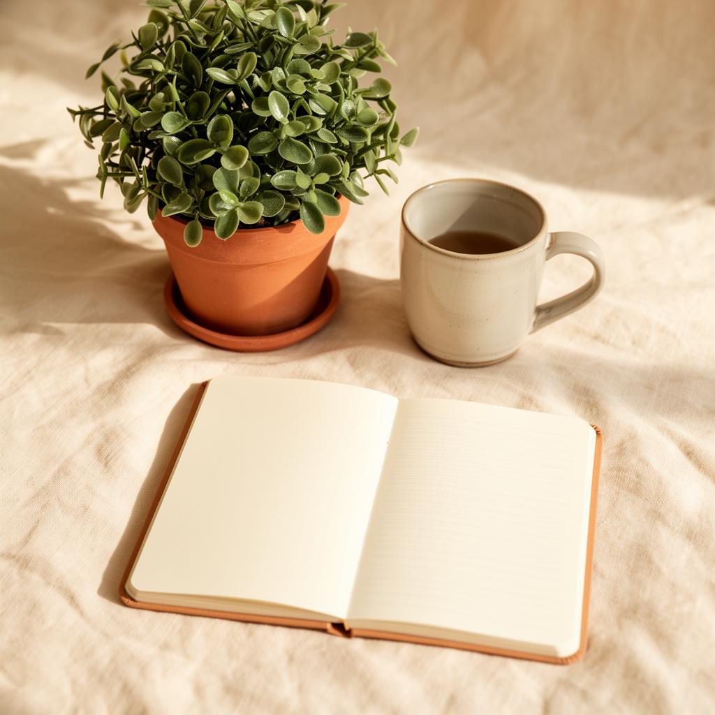 A potted plant, ceramic mug, and open notebook in soft natural light